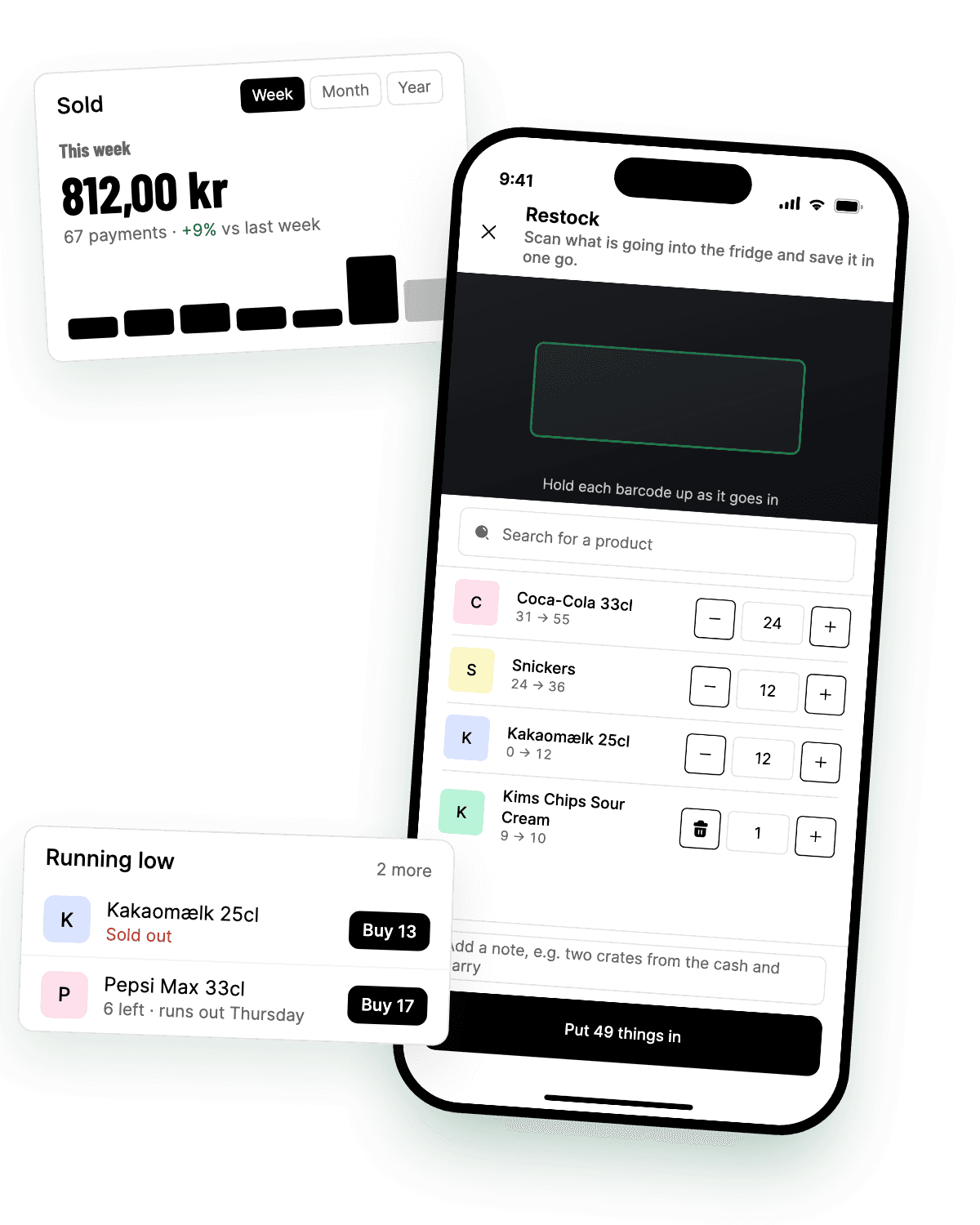 Bippa's club app: the week's sales, the drinks running low, and a volunteer restocking the fridge by scanning barcodes.