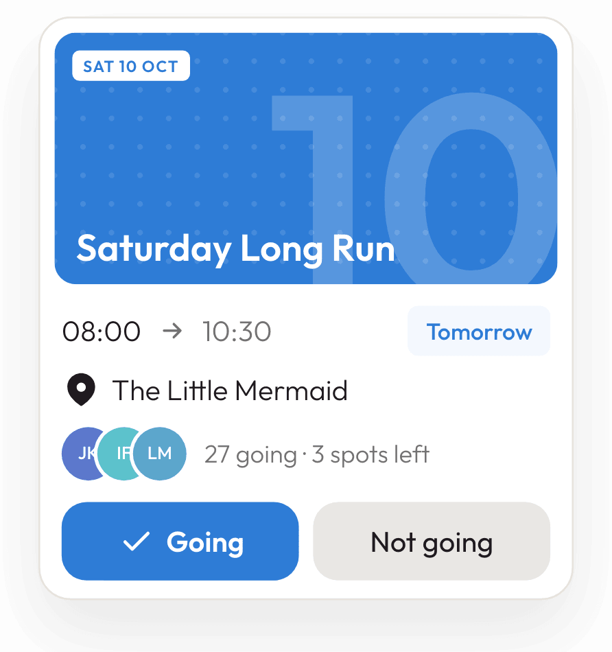The Saturday Long Run event card in Joyn: 08:00 to 10:30 at the Little Mermaid, 27 going and 3 spots left, with Going and Not going buttons.