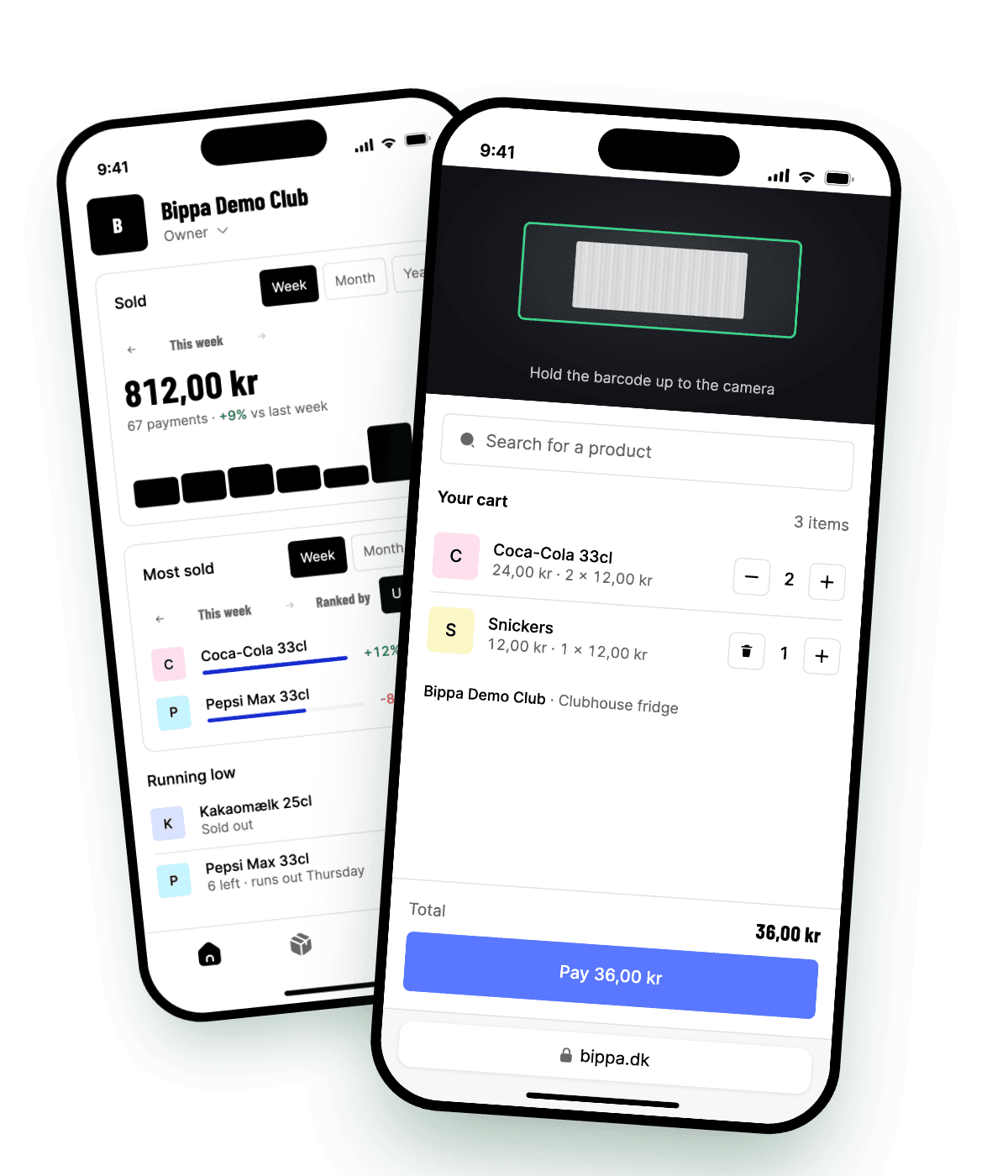 Bippa on two phones: the club's app with the week's sales and what is running low, and a member's cart in the browser with two Coca-Colas and a Snickers, ready to pay 36,00 kr with MobilePay.
