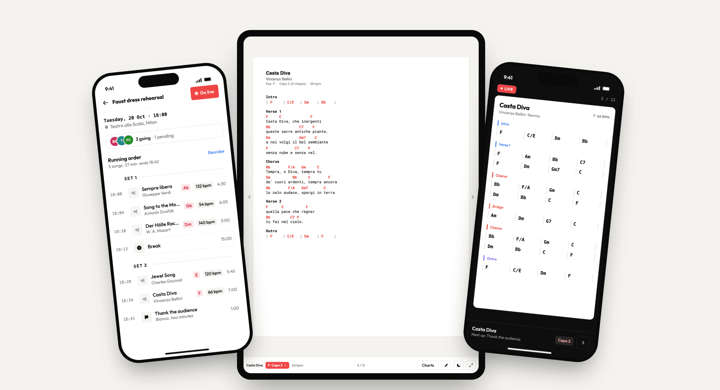 Music Planner: a concert's running order on a phone, and LIVE mode on a tablet showing the chords for the current song.