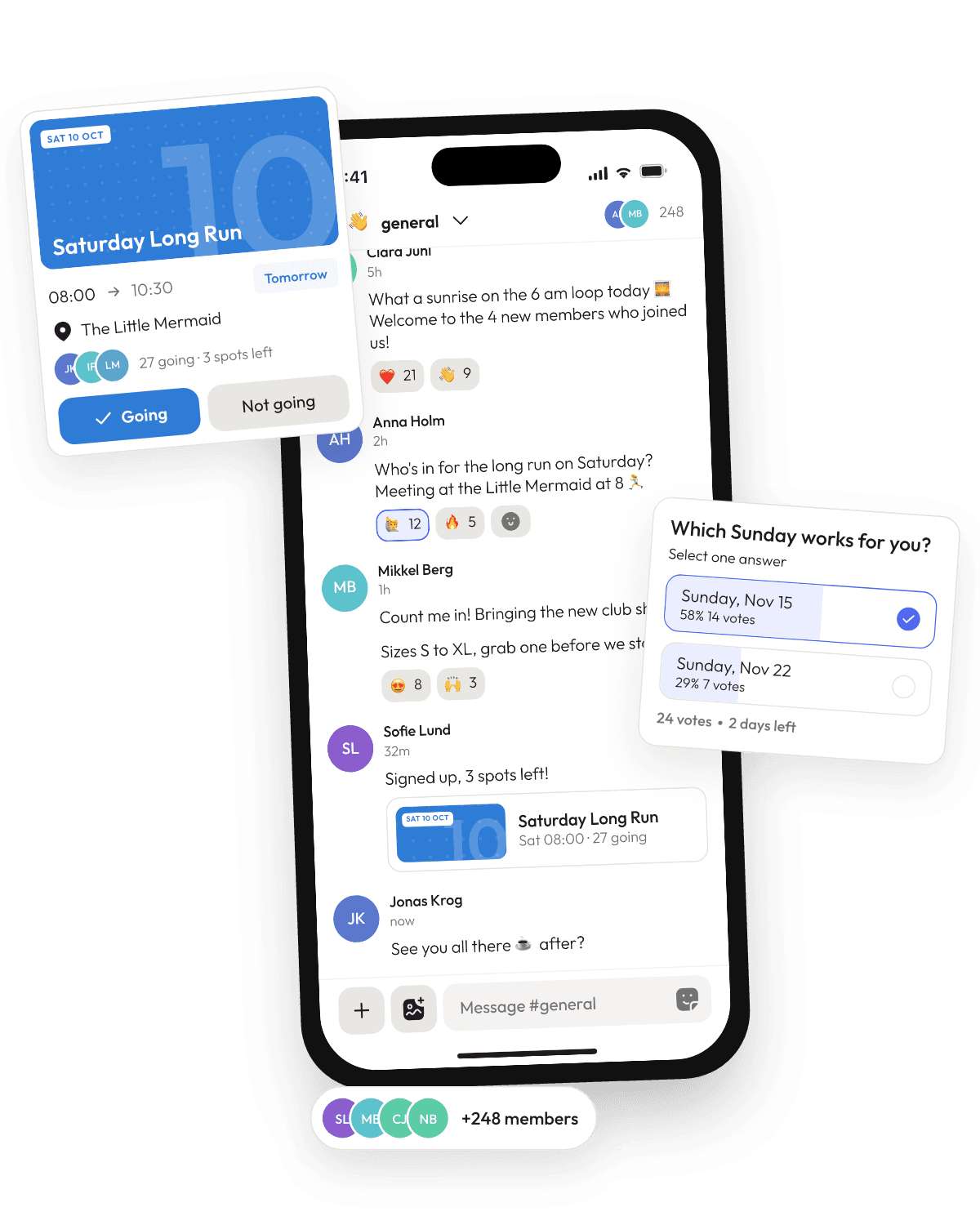 Joyn: a running club's chat channel, with the Saturday run everyone is signing up for, a poll and the member count.