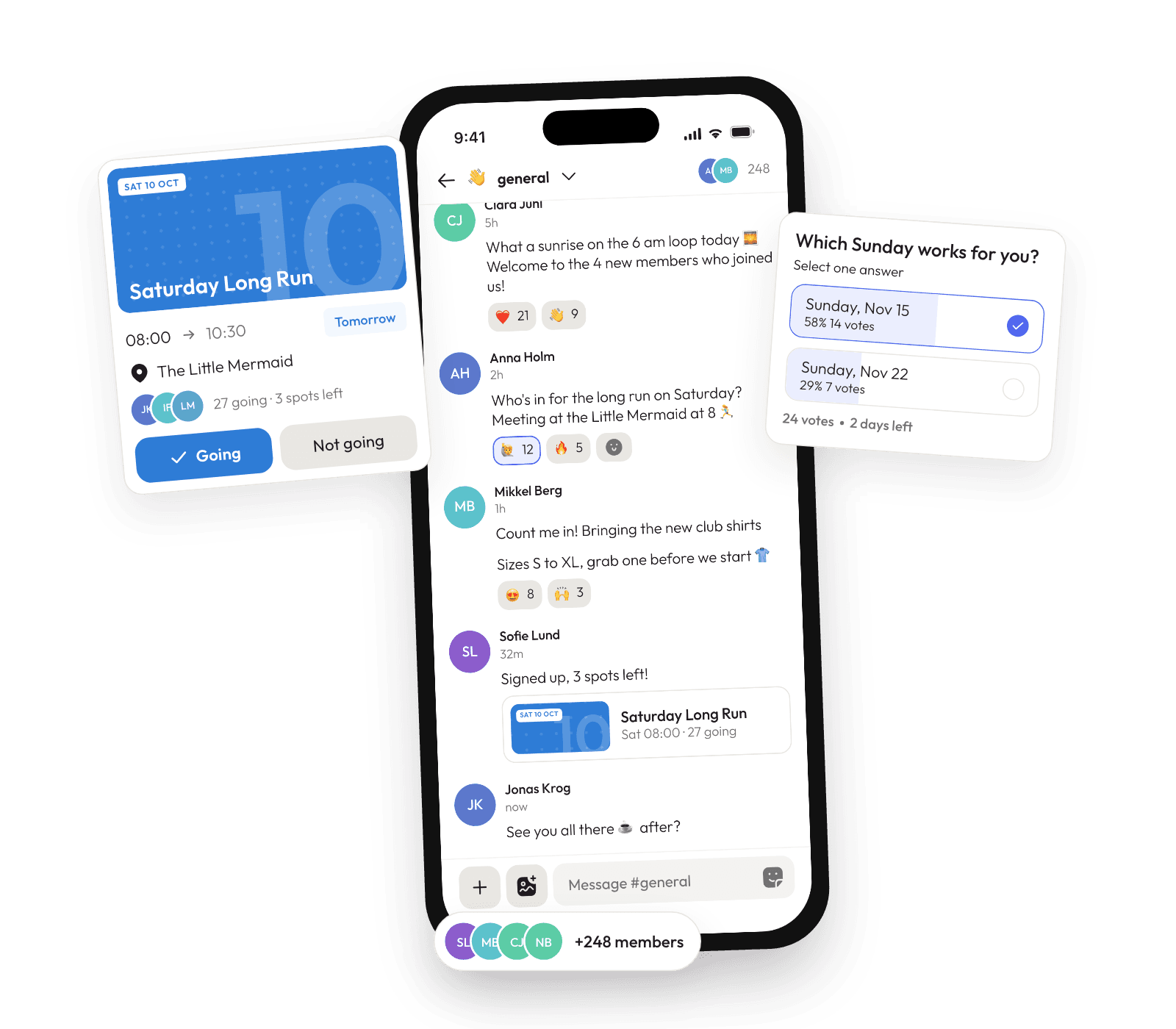 Joyn: a running club's chat channel, with the Saturday run everyone is signing up for, a poll and the member count.