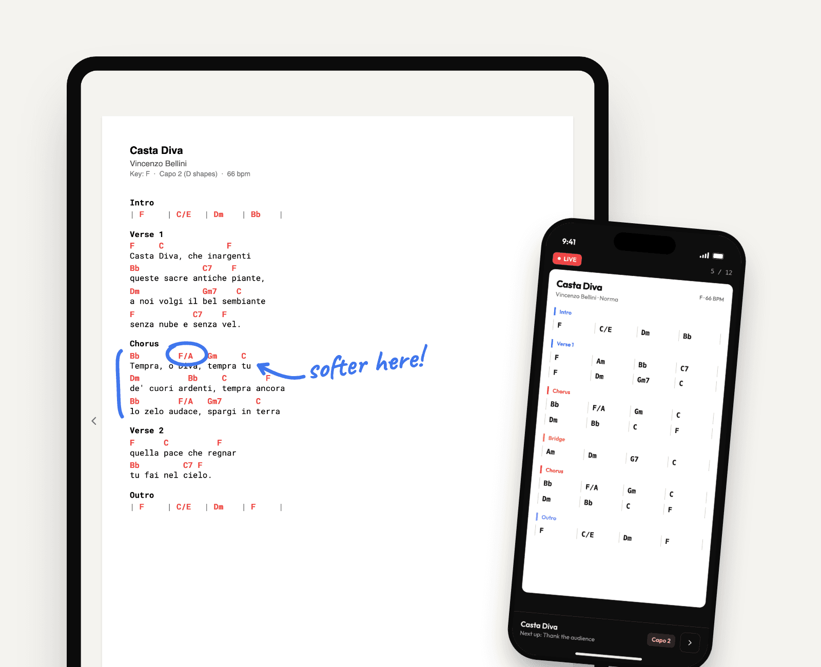 LIVE mode on a tablet showing the Casta Diva chord chart with handwritten notes, a circled chord and 'softer here!', and the same song in LIVE mode on a phone.